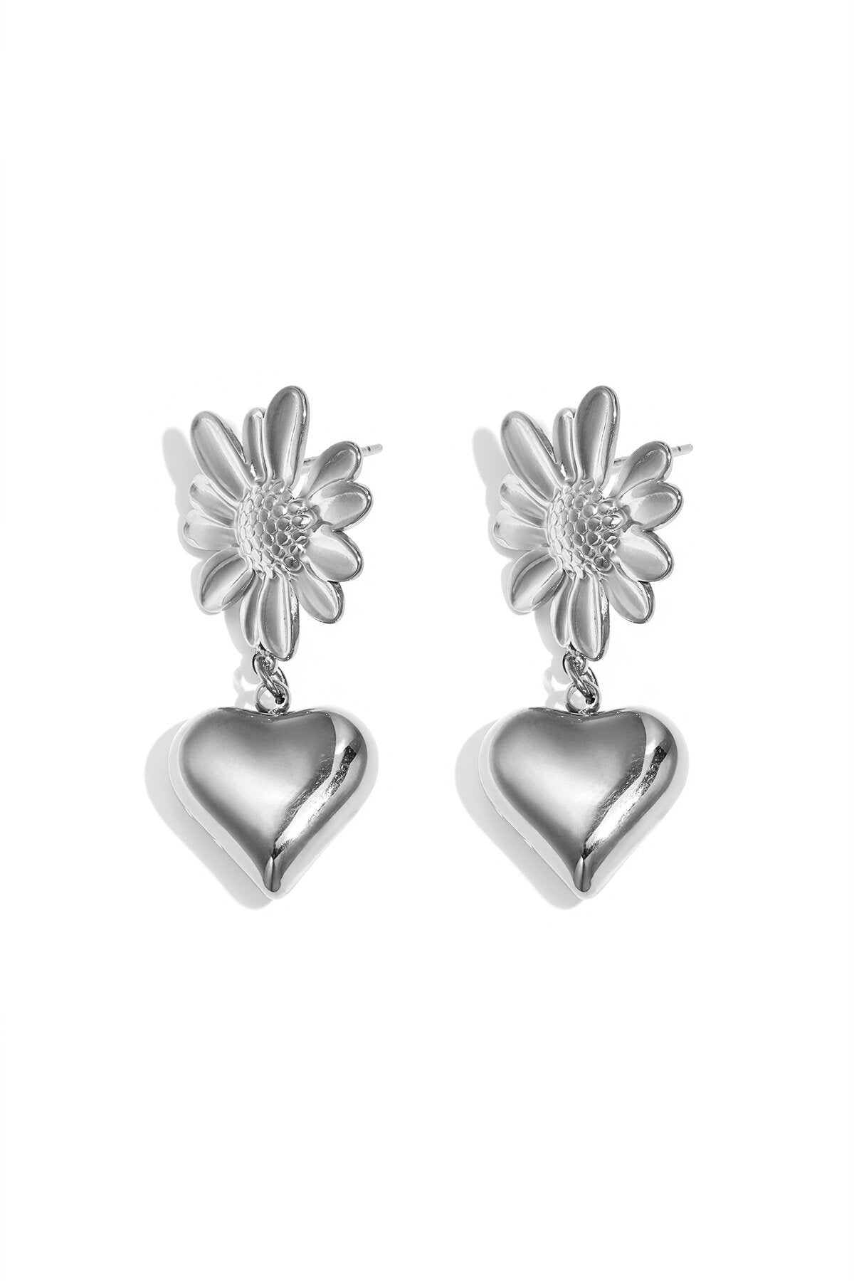 Elegant Stainless Steel Heart & Flower Drop Earrings