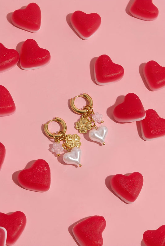 Earrings with flowers and heart pendants