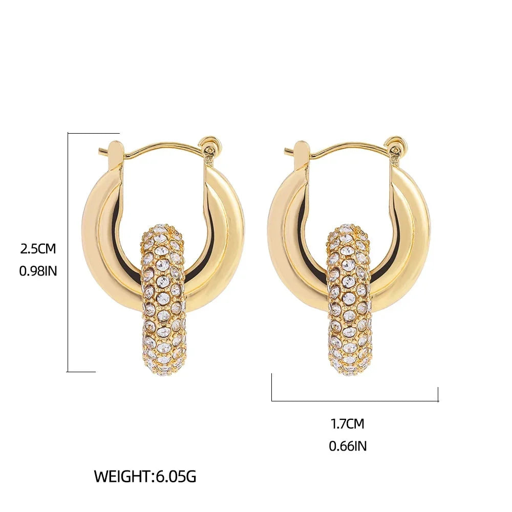 Punk Circle Pendant Shiny Rhinestone Stainless Steel Drop Earrings Bilayer Oval Round Rust Proof Party Zircon Huggie Jewelry New-6