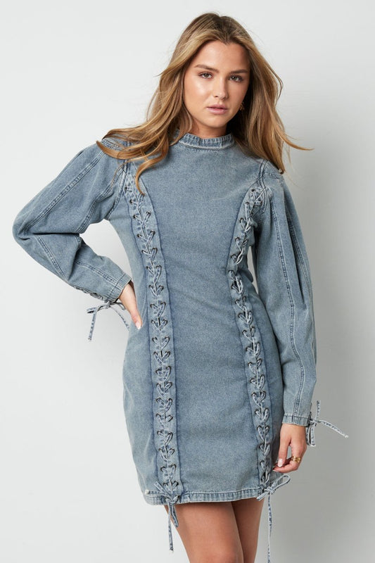 Cotton Woven Denim Dress Elegant Tie - up Solid Color - Velaris Femme