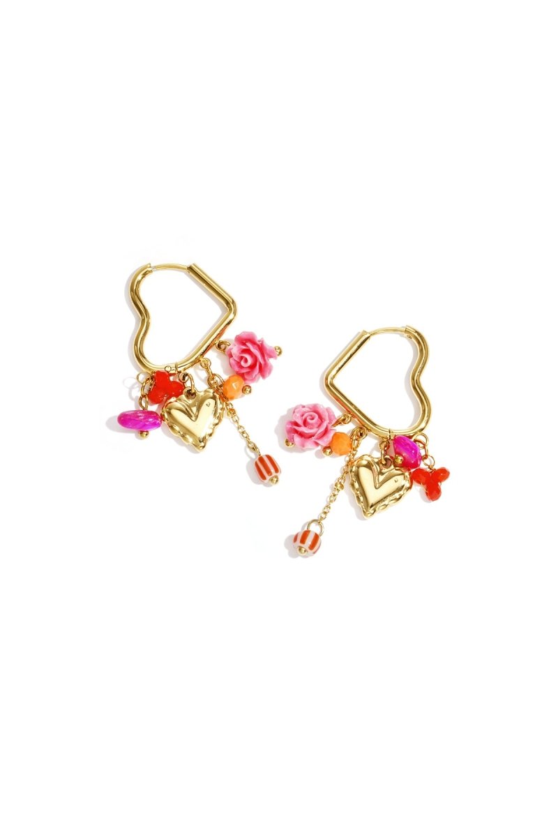 Heart - shaped hoop earrings with beaded pendants and charms - Velaris Femme