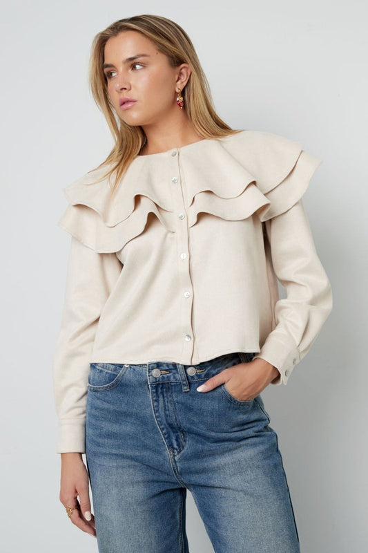 Woven Polyester Fiber Women's Blouse Elegant Ruffle Trim - Velaris Femme