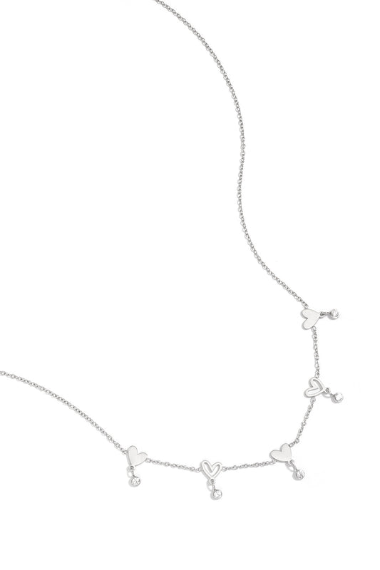 Necklace with alternating hearts and dangling stones