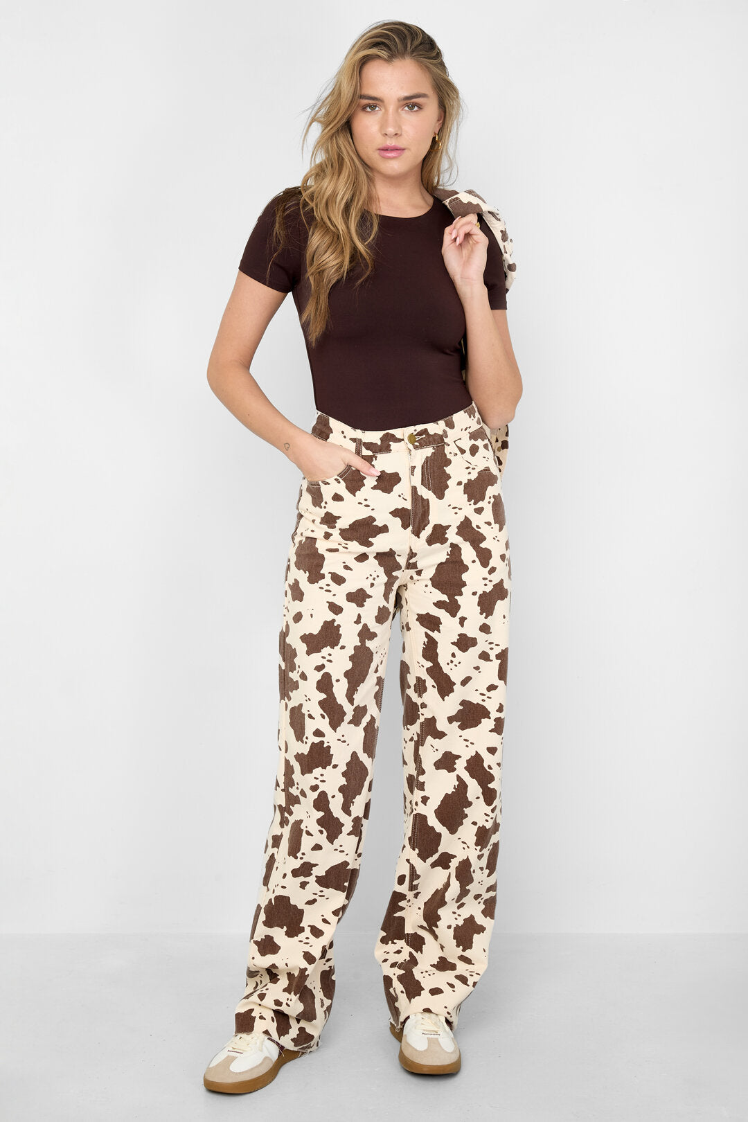 Gimme White & Olive Brown Cotton Casual Denim Pants