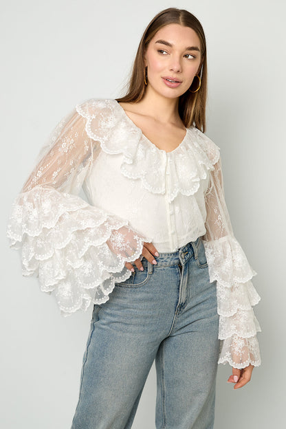 Elegant Off-White Floral Lace Blouse for Spring/Summer