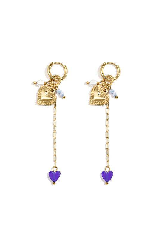 Small hoop earrings with long chain, heart and beads