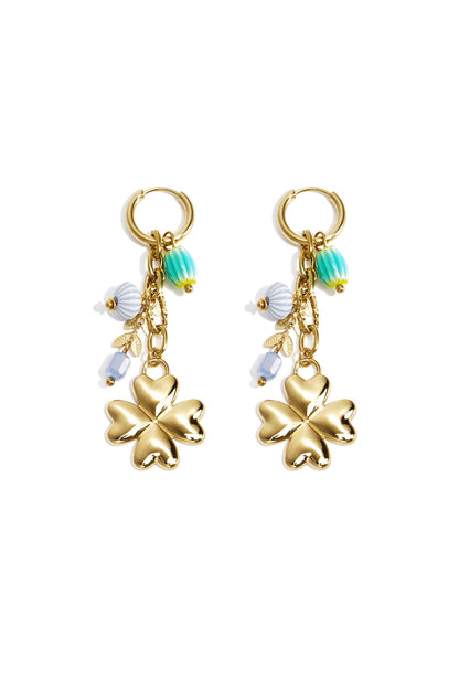 Small hoop earrings with hanging clover, beads and leaves