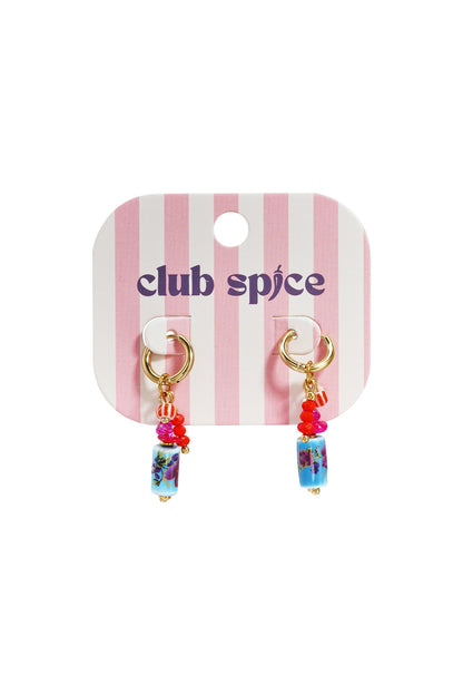 Earrings with dangling beads and a floral print