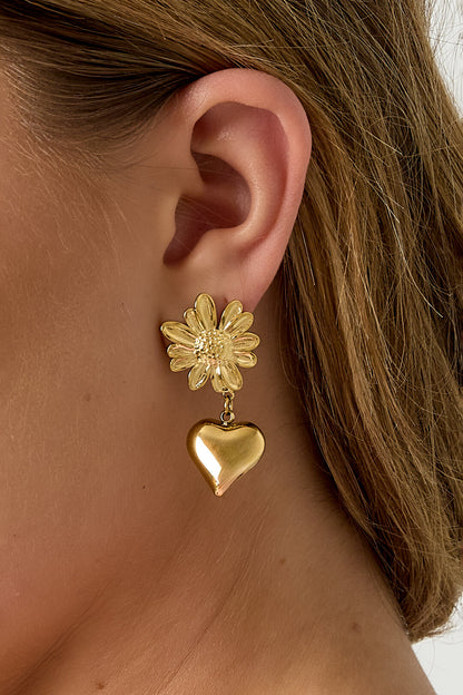 Elegant Stainless Steel Heart & Flower Drop Earrings