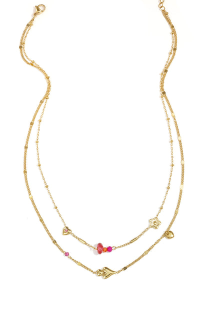 Double necklace with hearts, beads and flowers