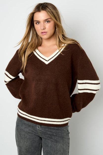 Contrast Stripe V - Neck Sweater - Velaris Femme