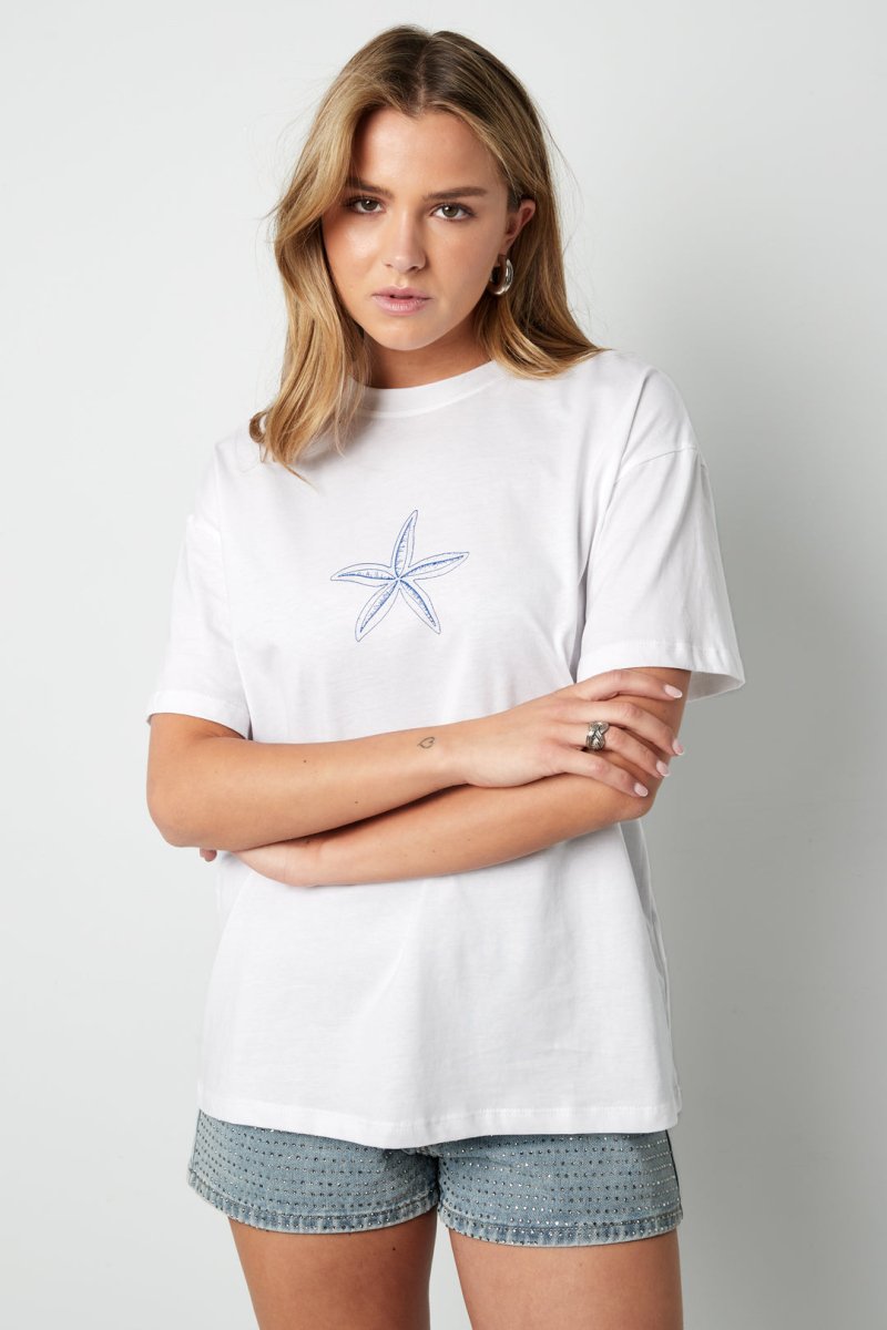 Cotton Women's T-shirt Casual Embroidered Starfish - Velaris Femme