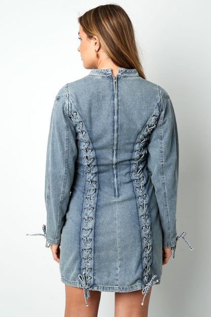 Cotton Woven Denim Dress Elegant Tie - up Solid Color - Velaris Femme