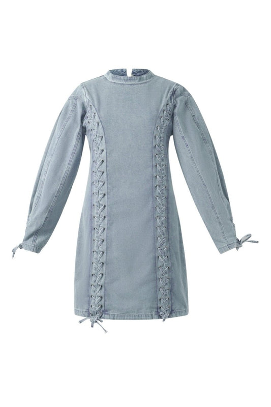 Cotton Woven Denim Dress Elegant Tie - up Solid Color - Velaris Femme