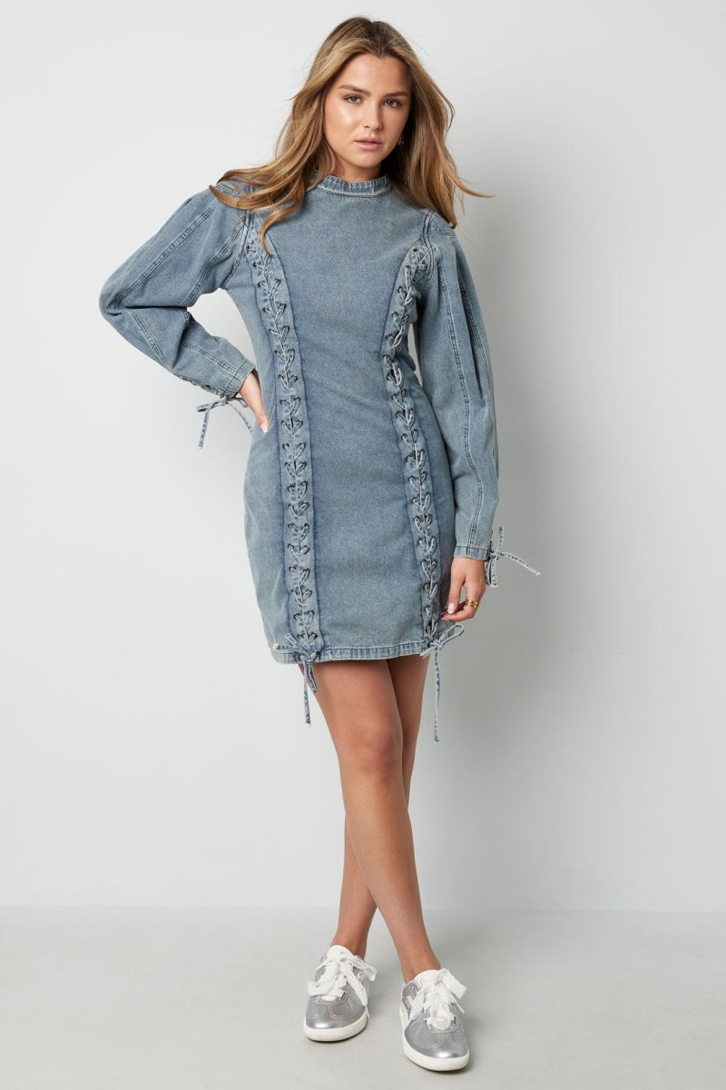 Cotton Woven Denim Dress Elegant Tie - up Solid Color - Velaris Femme