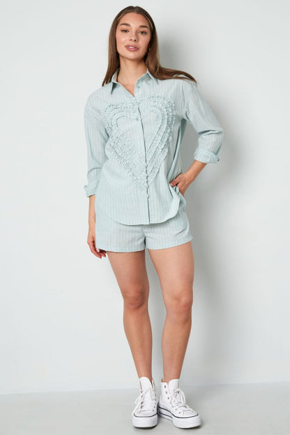 Cotton Woven Women's Blouse Casual Stripes Heart Ruffle Detail - Velaris Femme