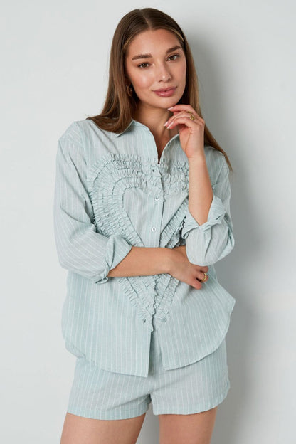 Cotton Woven Women's Blouse Casual Stripes Heart Ruffle Detail - Velaris Femme