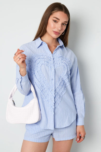 Cotton Woven Women's Blouse Casual Stripes Heart Ruffle Detail - Velaris Femme