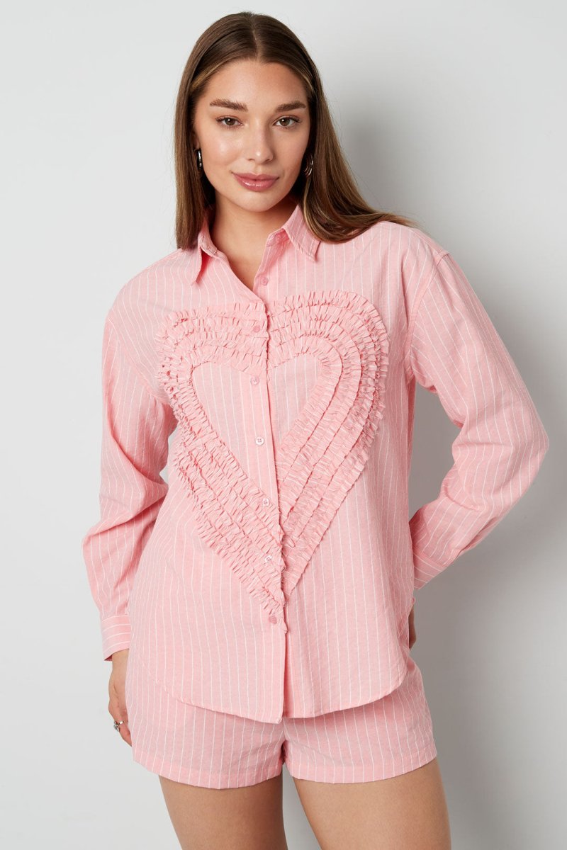 Cotton Woven Women's Blouse Casual Stripes Heart Ruffle Detail - Velaris Femme