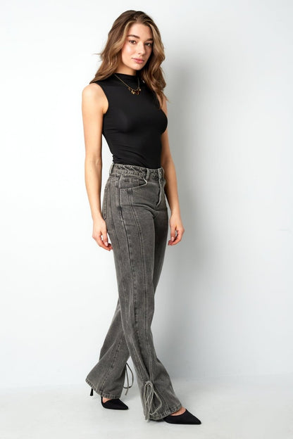 Cotton Woven Women's Straight Leg Denim Pants Casual Knot Detail - Velaris Femme