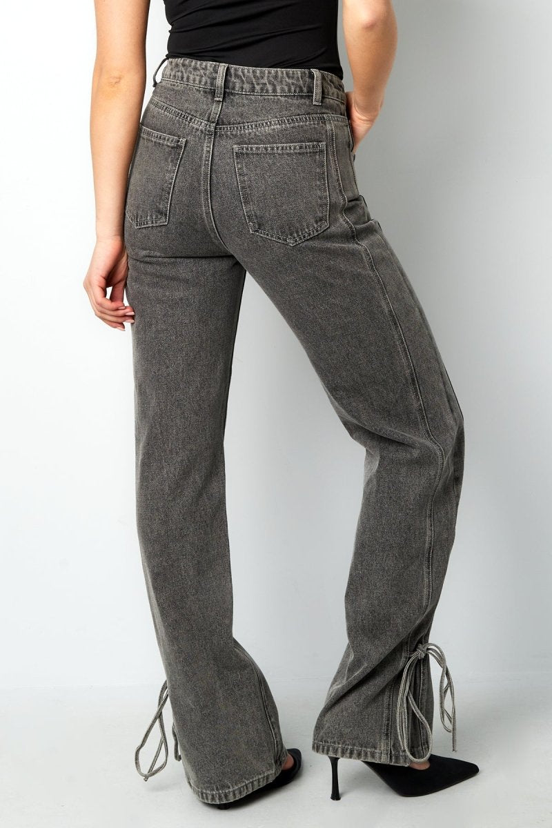Cotton Woven Women's Straight Leg Denim Pants Casual Knot Detail - Velaris Femme