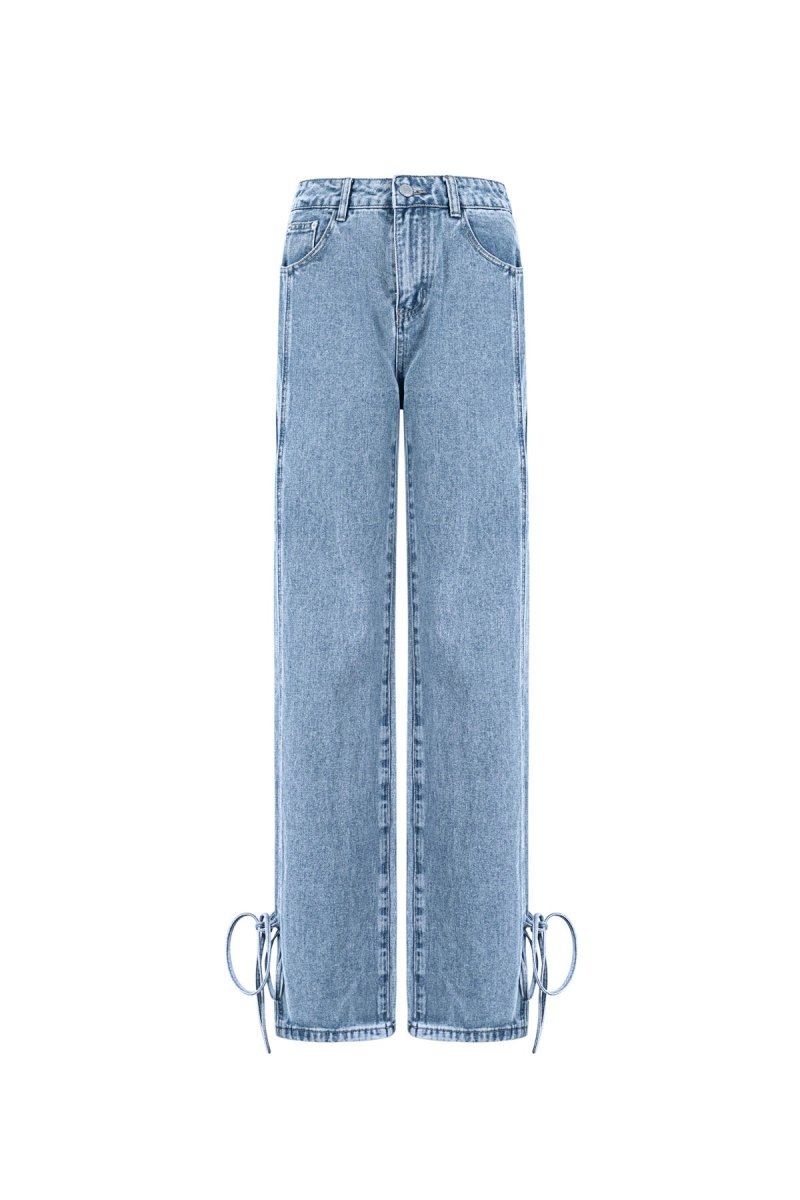 Cotton Woven Women's Straight Leg Denim Pants Casual Knot Detail - Velaris Femme