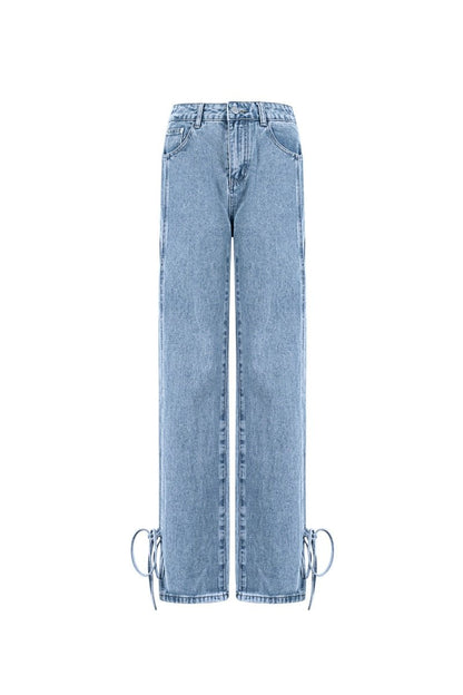 Cotton Woven Women's Straight Leg Denim Pants Casual Knot Detail - Velaris Femme