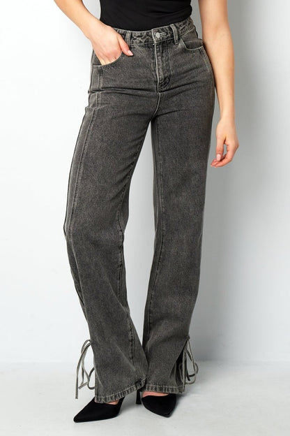 Cotton Woven Women's Straight Leg Denim Pants Casual Knot Detail - Velaris Femme