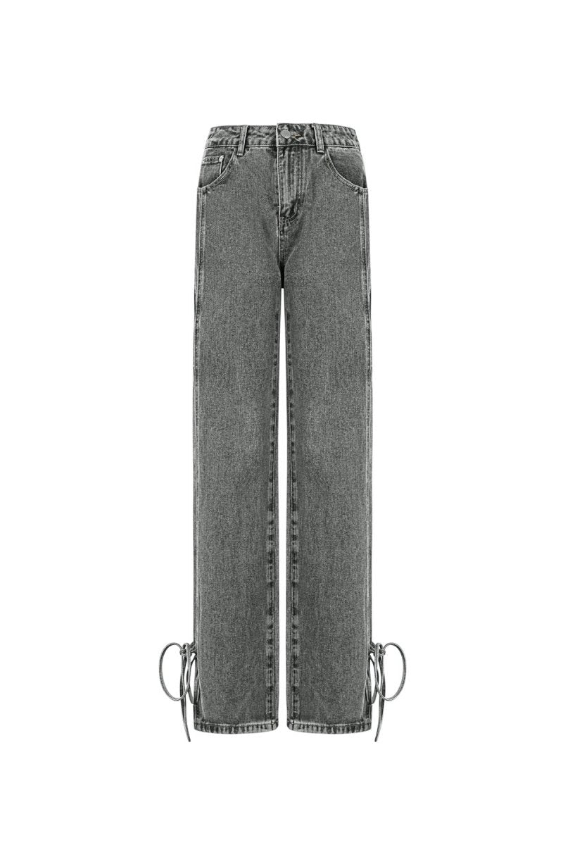 Cotton Woven Women's Straight Leg Denim Pants Casual Knot Detail - Velaris Femme