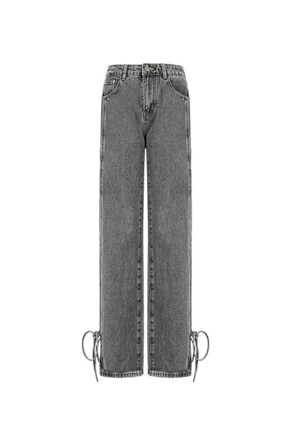Cotton Woven Women's Straight Leg Denim Pants Casual Knot Detail - Velaris Femme
