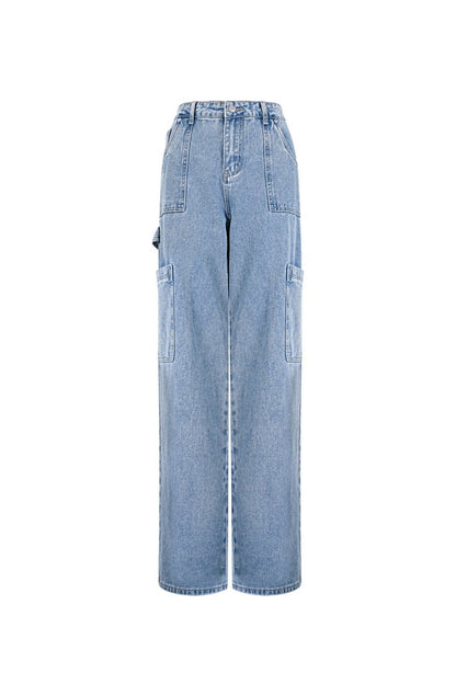 Cotton Woven Women's Straight Leg Denim Pants Casual Solid Color Medium Indigo - Velaris Femme