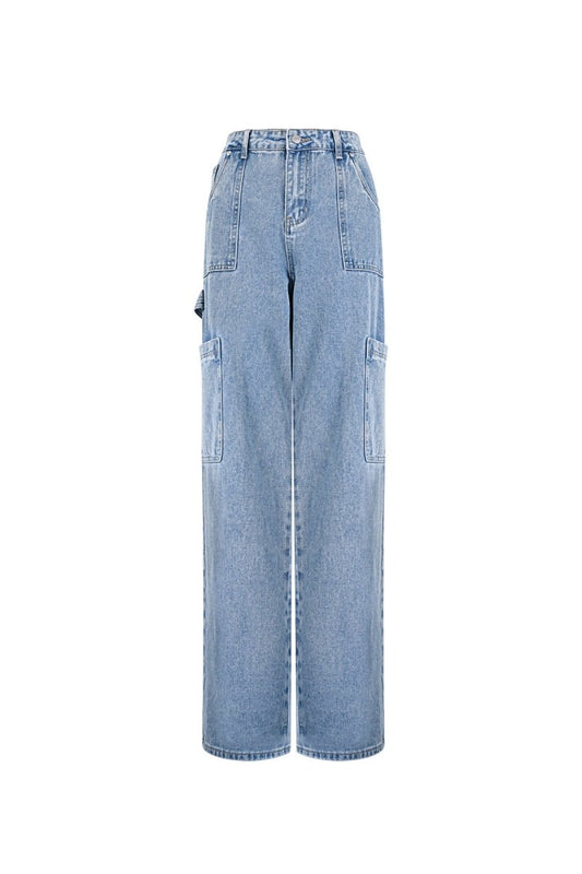 Cotton Woven Women's Straight Leg Denim Pants Casual Solid Color Medium Indigo - Velaris Femme