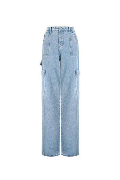 Cotton Woven Women's Straight Leg Denim Pants Casual Solid Color Medium Indigo - Velaris Femme