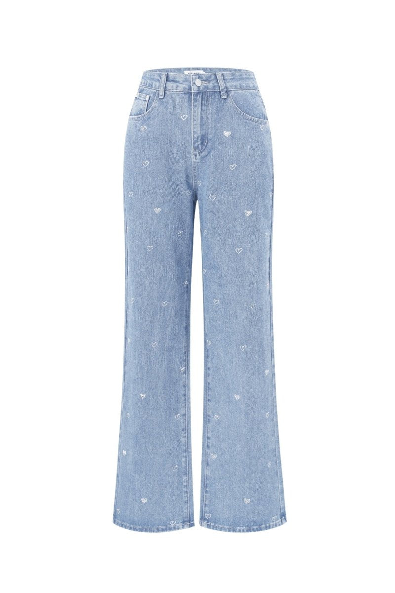 Cotton Woven Women's Straight Leg Denim Pants Heart Embroidery Casual - Velaris Femme