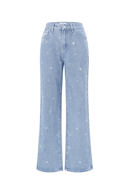 Cotton Woven Women's Straight Leg Denim Pants Heart Embroidery Casual - Velaris Femme