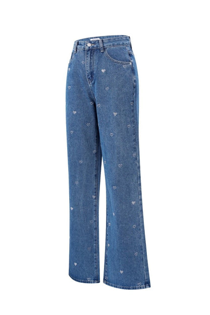 Cotton Woven Women's Straight Leg Denim Pants Heart Embroidery Casual - Velaris Femme