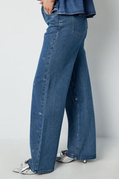 Cotton Woven Women's Straight Leg Denim Pants Heart Embroidery Casual - Velaris Femme