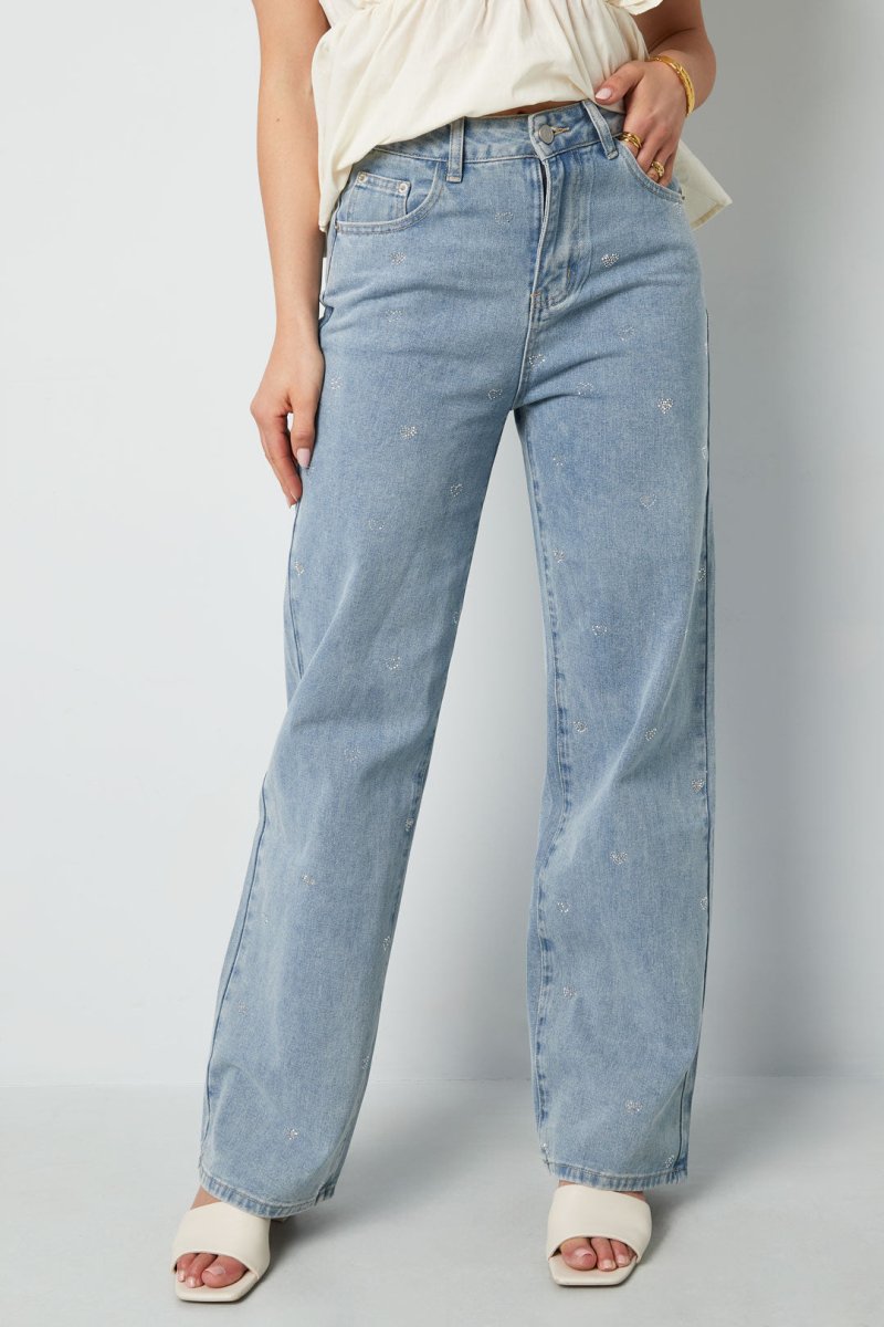 Cotton Woven Women's Straight Leg Denim Pants Heart Embroidery Casual - Velaris Femme