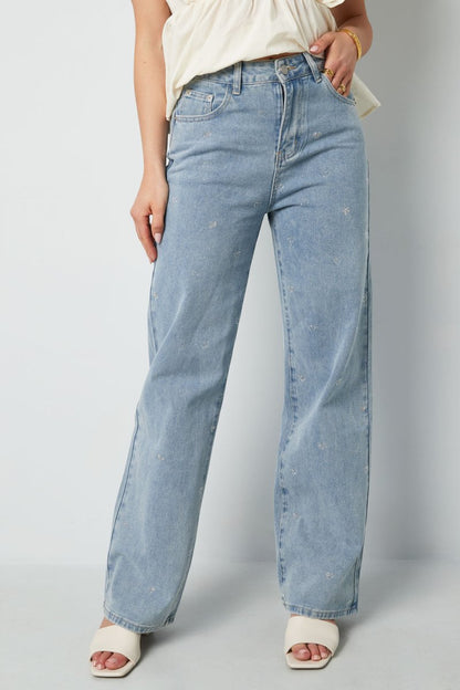 Cotton Woven Women's Straight Leg Denim Pants Heart Embroidery Casual - Velaris Femme