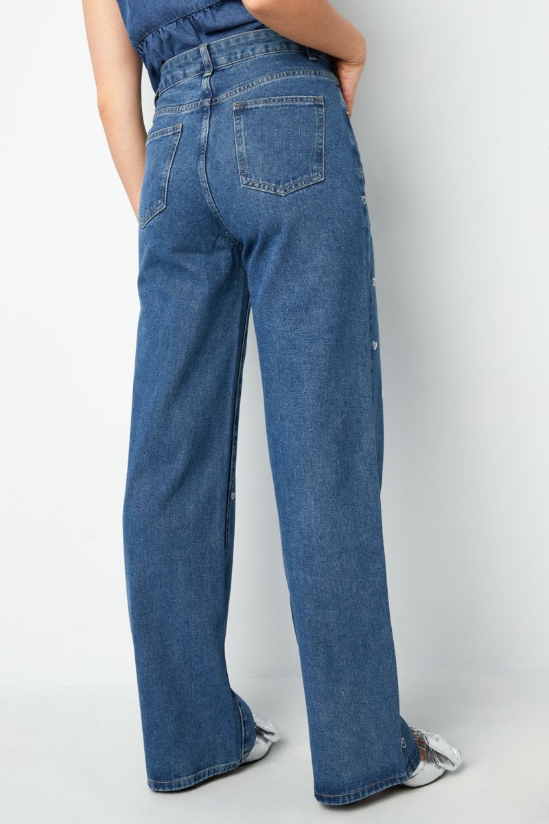 Cotton Woven Women's Straight Leg Denim Pants Heart Embroidery Casual - Velaris Femme