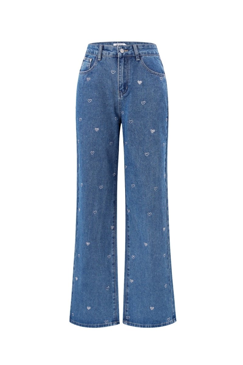 Cotton Woven Women's Straight Leg Denim Pants Heart Embroidery Casual - Velaris Femme