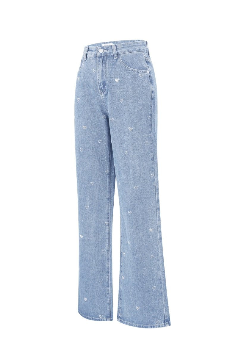 Cotton Woven Women's Straight Leg Denim Pants Heart Embroidery Casual - Velaris Femme