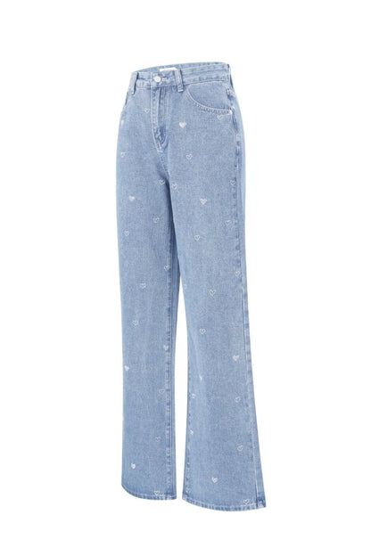 Cotton Woven Women's Straight Leg Denim Pants Heart Embroidery Casual - Velaris Femme