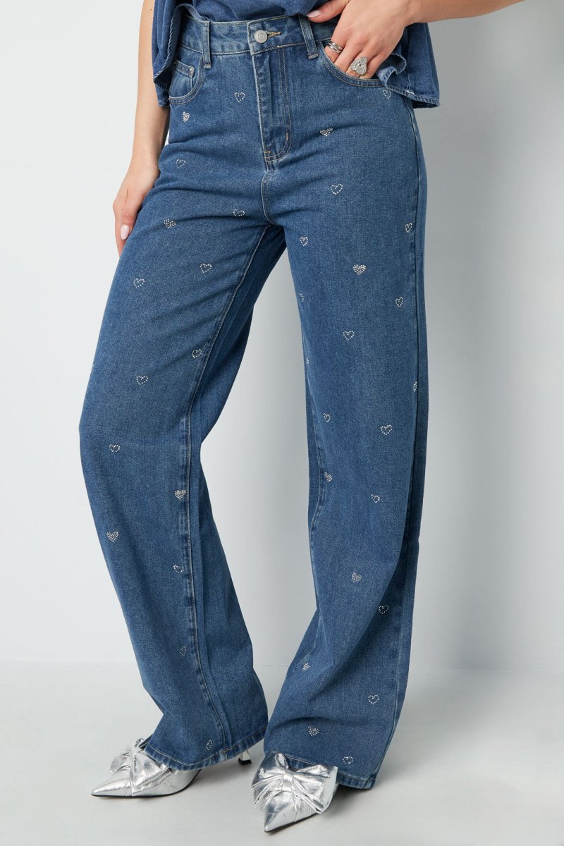 Cotton Woven Women's Straight Leg Denim Pants Heart Embroidery Casual - Velaris Femme