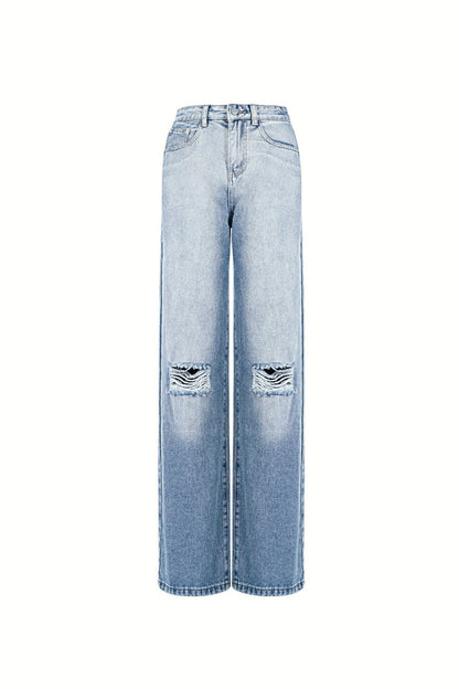 Cotton Woven Women's Straight Leg Jeans Ripped - Velaris Femme