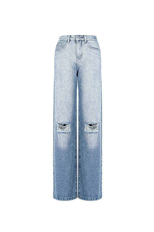 Cotton Woven Women's Straight Leg Jeans Ripped - Velaris Femme