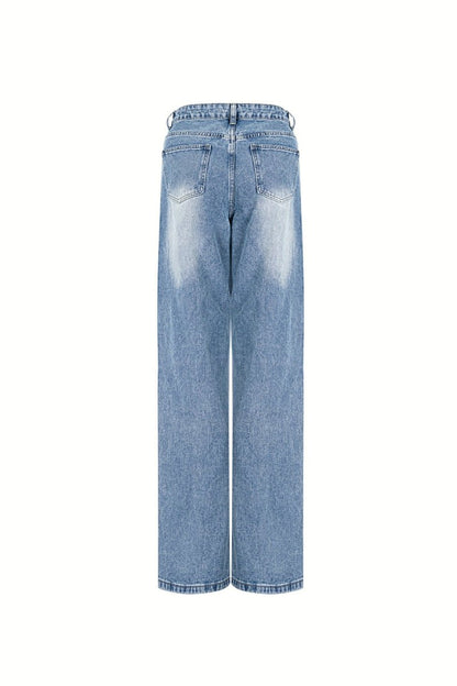 Cotton Woven Women's Straight Leg Jeans Ripped - Velaris Femme