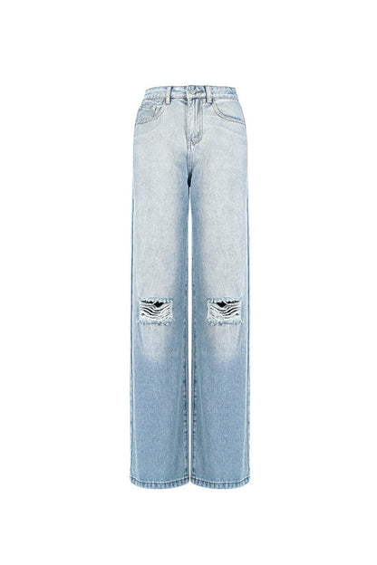 Cotton Woven Women's Straight Leg Jeans Ripped - Velaris Femme