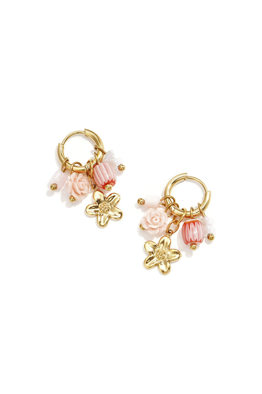 Small hoop earrings with flower, beads and rose pendant