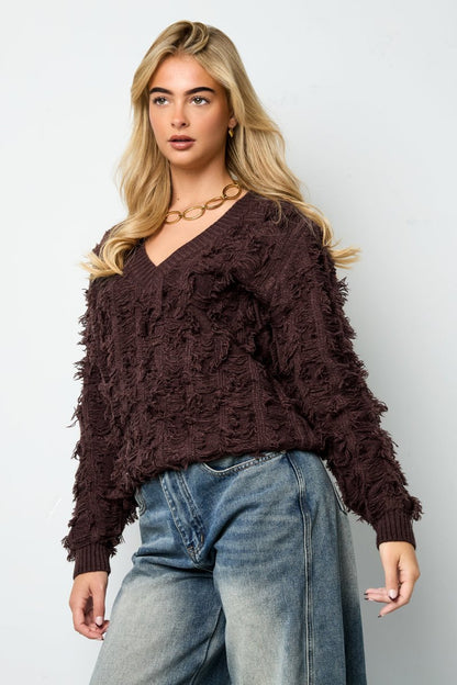V sweater with fringes - Velaris Femme